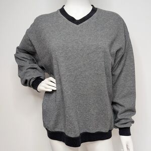 90s Men's V Neck Pullover Sweatshirt Black & White Micro Houndstooth Pattern